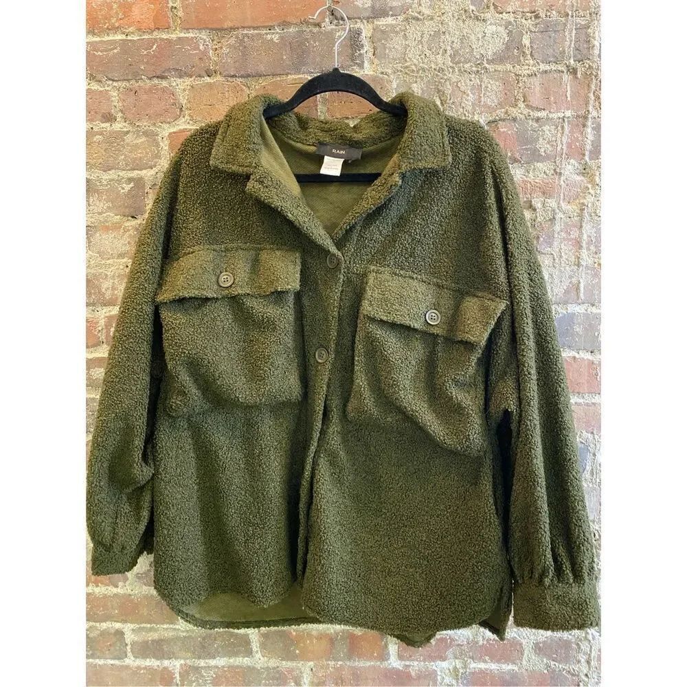RAIN Teddy Utility Shacket Shirt Jacket in Dark Olive Green Women’s SZ L RN11550